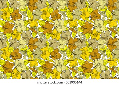 Seamless pattern on white background. Raster hand drawn painting of hibiscus flowers in yellow colors.