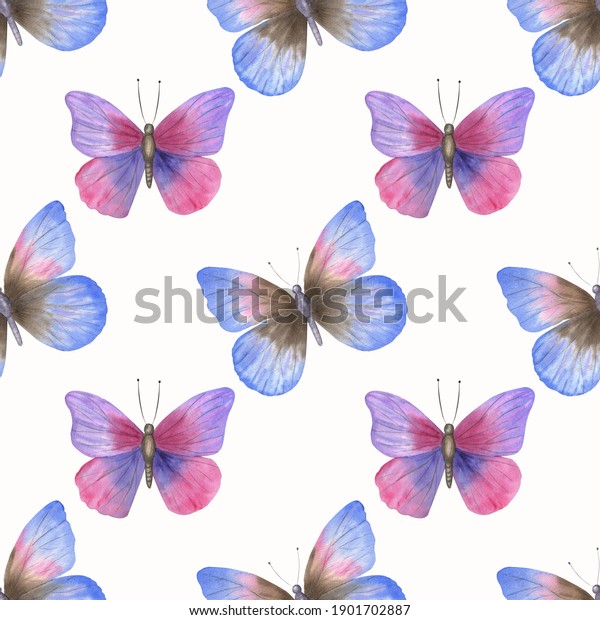 
Seamless pattern on a white background. Watercolor illustration of a butterfly. Textile. Postcard.