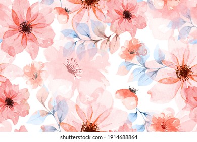 Seamless Pattern Of Orange Flowers Drawn With Watercolor.For The Design Of The Wallpaper Or Fabric, Vintage Style.Blooming Flower Painting For Summer.Botany Background.