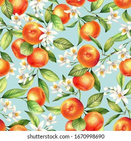 Seamless pattern with orange fruits, flowers and leaves. Hand drawn illustration.