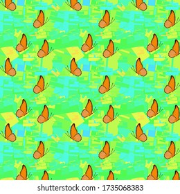 Seamless pattern of orange monarch butterflies on an abstract green background. 