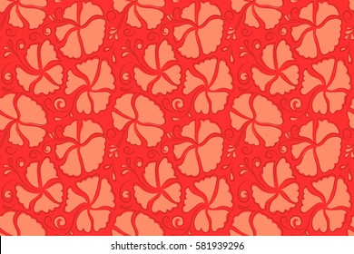 Seamless pattern of orange and red hibiscus floral background. Sketch of many orange and red flowers. Hand drawn seamless flower illustration.