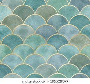 Seamless pattern oriental ornamental watercolor texture luxury style wallpapers textile marine nautical interior design golden waves round