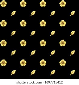 Seamless pattern of ornament of hand-drawn golden symbolic rose and leaf on black background.