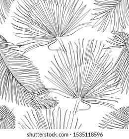 Seamless Pattern with Outlined Black Palm Leaves