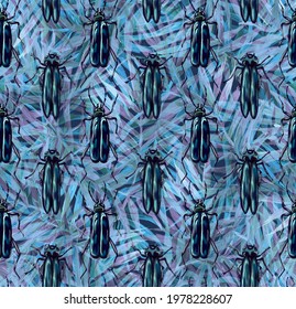 Seamless pattern with painted insects. Beetles and cockroaches living on grass and trees. Animals in a trending background. Print for textiles and paper
