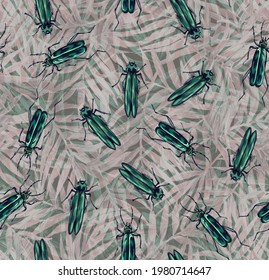 Seamless pattern with painted insects. Beetles and cockroaches living on grass and trees. Animals in a trending background. Print for textiles and paper