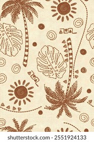Seamless pattern of palm trees in brown, big leaves, sun-like shapes, spirals and dotted lines. The pattern is repetitive and decorative
