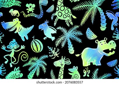 seamless pattern with palm trees, watermelons, monkey, crocodile, hippo, koala, chameleon, giraffe, snake, parrot, frog and butterfly on black background 