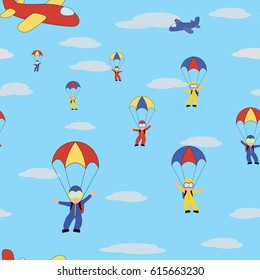 Seamless pattern with parachutists and sky