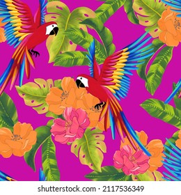 seamless pattern parrot, watercolor painting exotic tropical illustration,