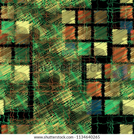 Seamless pattern patchwork design. Ethnic background with thread elements and watercolor effect. Textile print for bed linen, jacket, package design, fabric and fashion concepts.