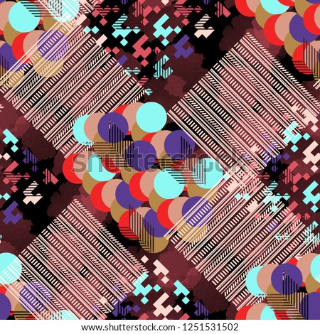 Seamless pattern patchwork design. Mixed background with geometric shapes, line, circles and watercolor effect. Textile print for bed linen, jacket, package design, fabric and fashion concepts.