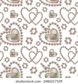 Seamless pattern of pearl jewelry in the shape of a heart on a white background. Watercolor illustration in pastel palette with holographic effect for wallpaper, Valentine's card, engagement, wedding - Powered by Shutterstock