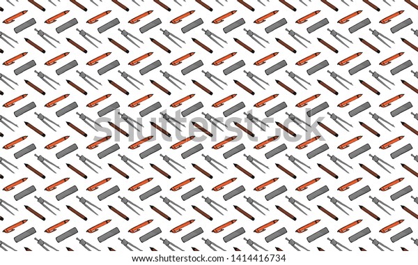Seamless pattern\
of pens, pencils, rulers and dividers on a white background.\
Literacy day.\
Illustration.