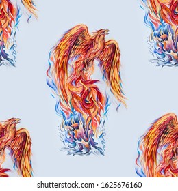 Seamless Pattern Phoenix Reborn From The Ashes On A White Background.