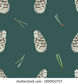 Seamless pattern with pine cones on dark green background. Hand drawn watercolor illustration