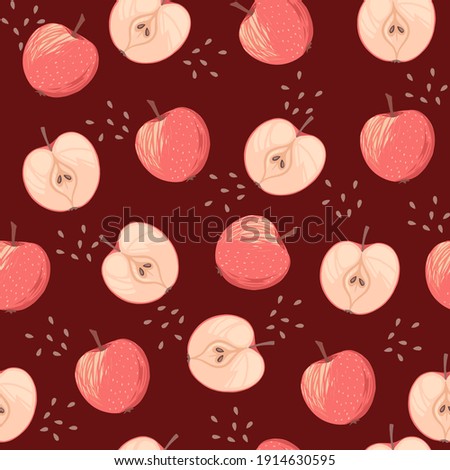 Seamless pattern of pink apples whole and halved with seeds flat illustration on burgundy background.