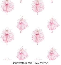 Seamless pattern pink ballerinas; watercolor hand draw illustration; with white isolated background