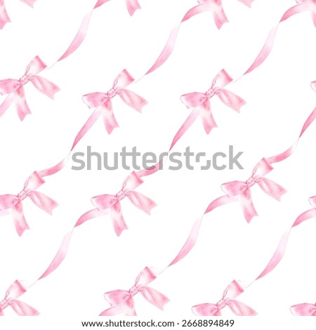 Seamless pattern with pink bow and ribbon, hand drawn in watercolor.