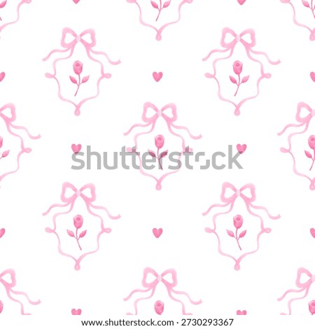 Seamless pattern with pink bow, rose and hearts in watercolor style. Romantic and feminine design ideal for Valentine’s Day, wedding stationery, birthday girl gift wrapping, textile prints, wallpapers, packaging