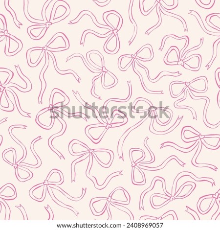 Seamless pattern of pink bows on neutral background. Minimalist trendy ribbon background. Texture for wrapping paper, fabrics, social media designs and stationery. Coquette style