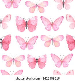 Seamless pattern with pink bright watercolor butterflies on white backdrop. Hand painted butterflies design perfect for fabric textile or scrapbooking