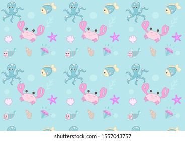 Seamless Pattern Pink With Crab,jelly Fish And Marine Animals - Vector Illustration, Eps