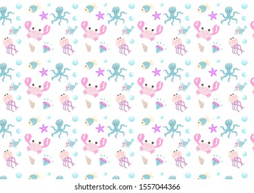 Seamless Pattern Pink With Crab,jelly Fish And Marine Animals - Vector Illustration, Eps