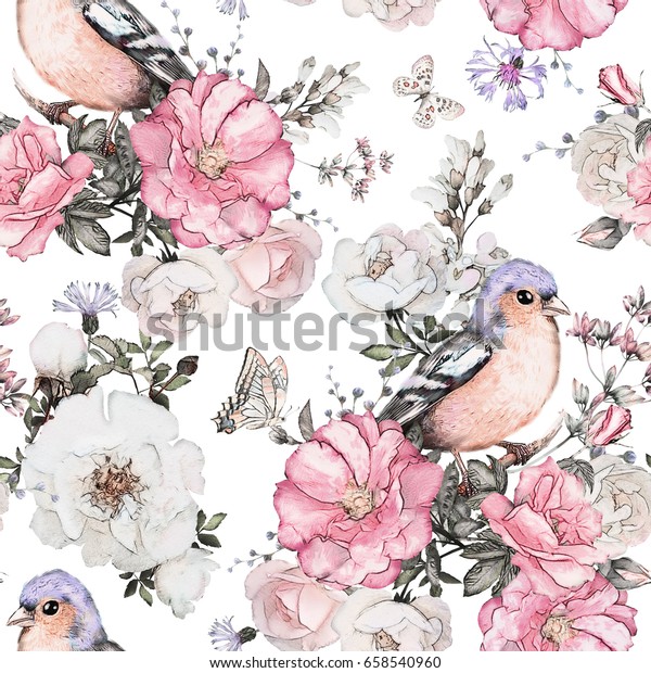 白い背景にシームレスなピンクの花と鳥 フィンチと葉 水彩の花柄 パステル色の花 壁紙用タイル ビンテージカード または織物 のイラスト素材