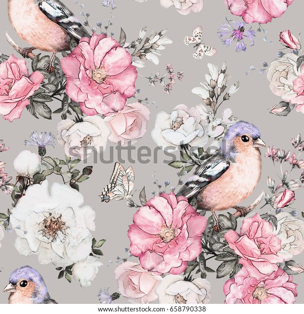 Seamless Pattern Pink Flowers Bird Finch Stock Illustration 658790338