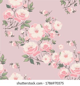 Seamless Pattern with Pink Flowers. Pink Cherry, Cherry Blossom with soft pink background. Beautiful pattern for decoration and design. 