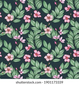 Seamless pattern with pink flowers and green foliage hand drawn