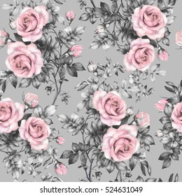 グレイの背景にシームレスな模様とピンクの花と葉 水彩の花柄 パステル色の花 壁紙 カード 布地用のシームレスな花柄 のイラスト素材 Shutterstock