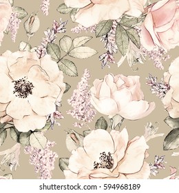 Seamless Pattern With Pink Flowers And Leaves On Beige  Background, Watercolor Floral Pattern, Flower Rose In Pastel Color, Tileable For Wallpaper, Card Or Fabric