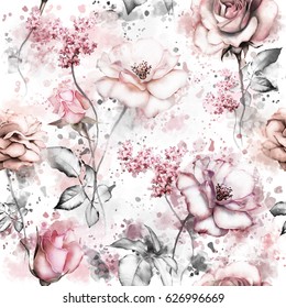 Seamless pattern with pink flowers and leaves on white background, watercolor floral pattern, flower rose in pastel color, tile for wallpaper, card or fabric