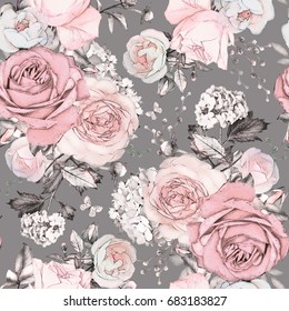 Seamless pattern with pink flowers and leaves on gray background. Watercolor floral pattern, flower rose in pastel color, tile for wallpaper or fabric.