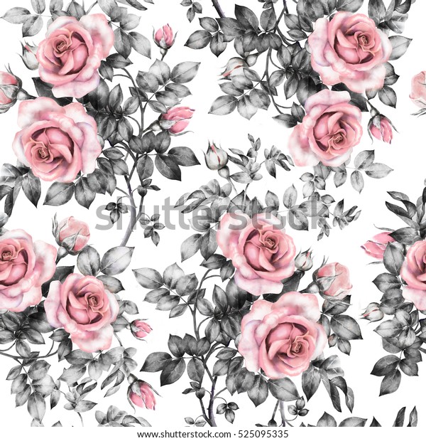 白い背景にシームレスな模様とピンクの花と葉 水彩の花柄 パステル色の花 壁紙 カード 布地用のシームレスな花柄 のイラスト素材 525095335