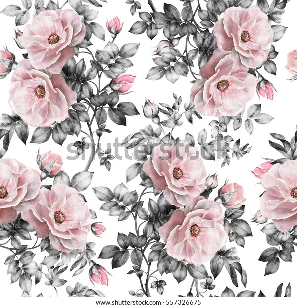 白い背景にシームレスな模様とピンクの花と葉 水彩の花柄 パステル色の花 壁紙 カード または布地用のシームレスな花柄 のイラスト素材
