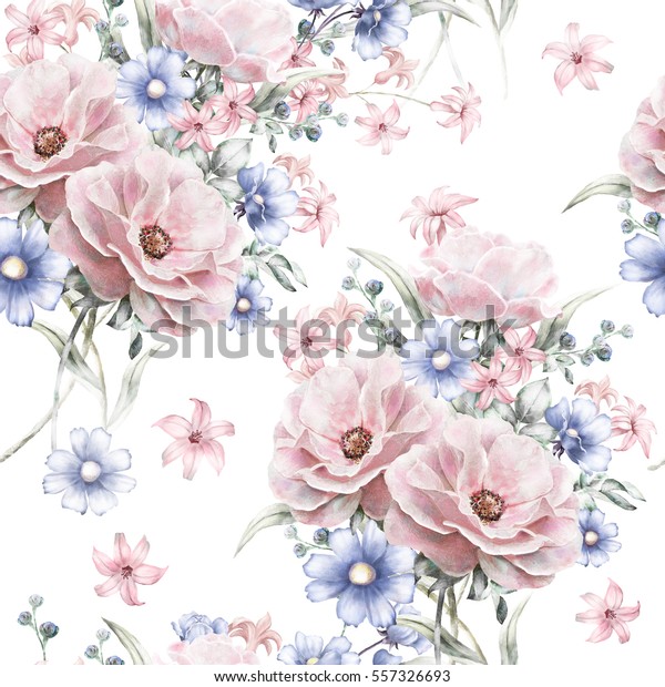白い背景にシームレスな模様とピンクの花と葉 水彩の花柄 壁紙 カード 布地用のパステル色に彩られた 織物設計 のイラスト素材