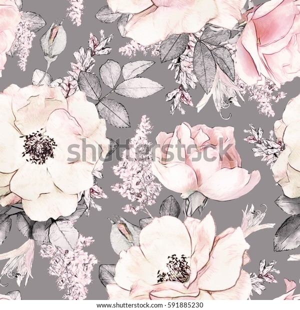 グレイの背景にシームレスなパターンとピンクの花と葉 水彩の花柄 パステル色の花 壁紙 カード または布地用に可転 のイラスト素材