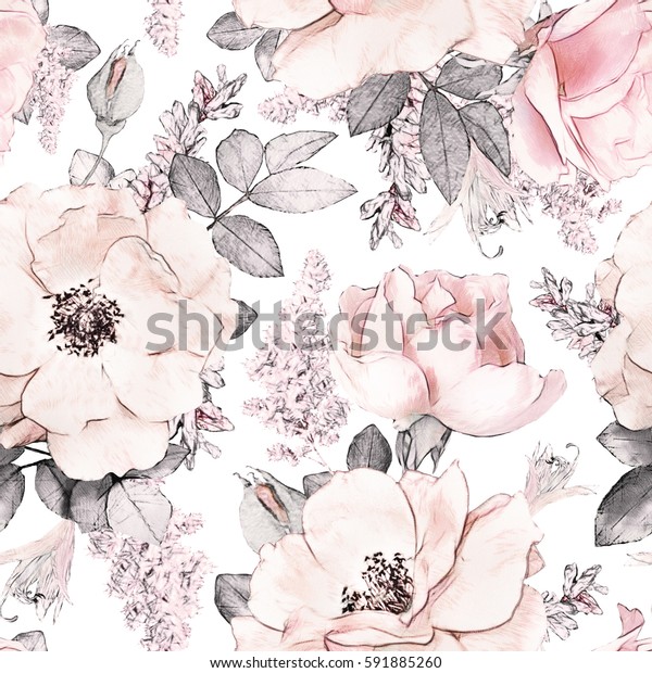 无缝图案与粉红色的花朵和叶子在白色背景 水彩花卉图案 粉红色的花朵玫瑰 可瓷砖壁纸 卡片或织物库存插图