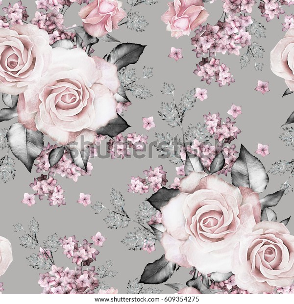 グレイの背景にシームレスなパターンとピンクの花と葉 水彩の花柄 パステル色の花 壁紙 カード または布地のタイル のイラスト素材