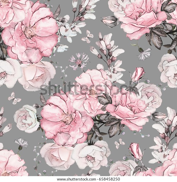 无缝图案与粉红色的花朵和树叶灰色背景 水彩花卉图案 粉红色的花朵玫瑰 瓷砖壁纸 卡片或织物库存插图