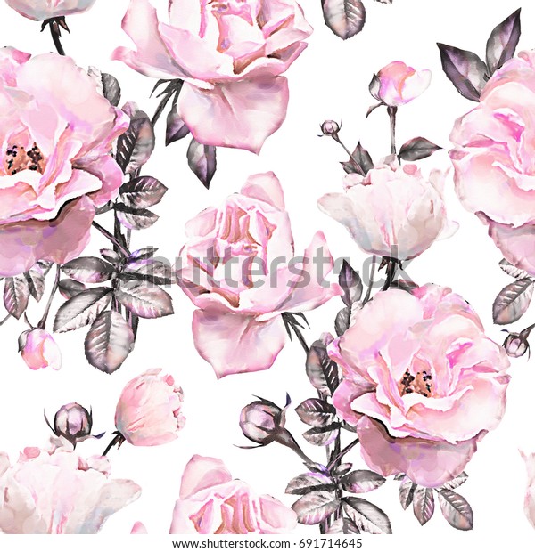 Seamless Pattern Pink Flowers Leaves On Stock Illustration 691714645