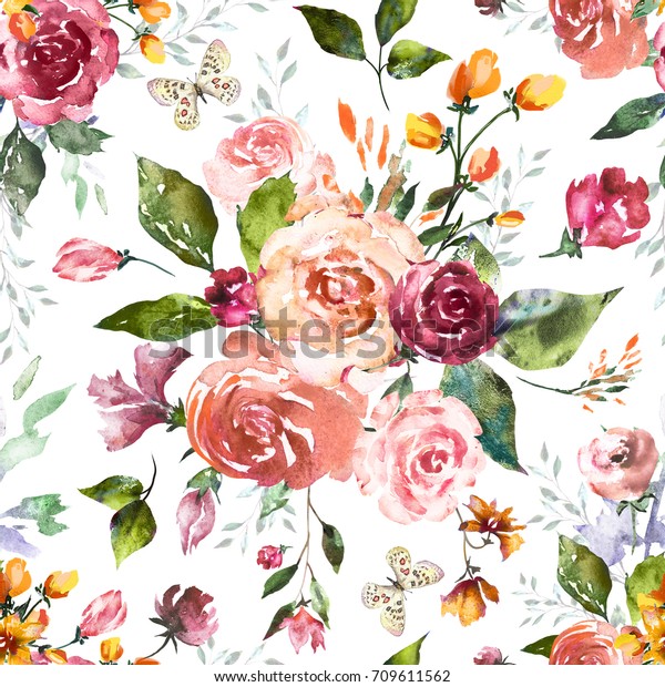 白い背景にシームレスな模様とピンクの花と葉 水彩の花柄 パステル色の花 壁紙 カード 布地用のタイル 抽象デザインの花 のイラスト素材