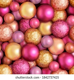 Seamless pattern of pink gold yellow shiny Christmas balls