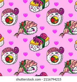 Seamless Pattern With Pink Hearts And Cute Sushi. Kawaii Friendly Rolls. Roll With Octopus. Nigiri With Shrimp. Bright Pattern