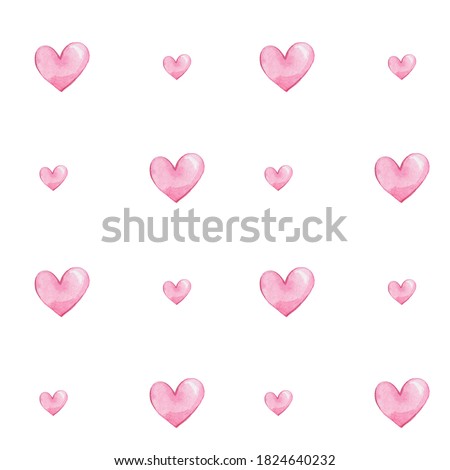 Seamless pattern pink hearts; watercolor hand draw illustration; with white isolated background