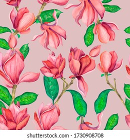 Seamless pattern with pink magnolias. Watercolor spring elegant flowers. For wedding invitations and greeting card design. Watercolor clipart.